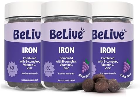 Belive Iron Gummies, Multivitamin Supplement, Blood Oxygen Support, 60 Ct | With Vitamin C, B Complex, Folate, and Zinc for Women, Men & Kids for Growth and Development, Grape Flavor