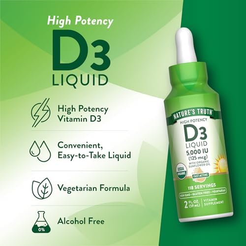 Nature's Truth Vitamin D3 Liquid | 5000 IU | 2 fl oz | Non-GMO and Gluten Free Supplement | Non-GMO and Gluten Free Supplement