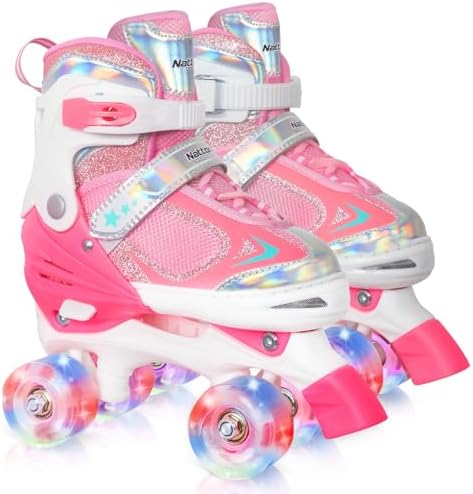 Nattork Kids Roller Skates for Boys Girls Kids, 4 Sizes Adjustable Quad Skates with All Light up Wheels - Birthday Gift for Indoor Outdoor Sports