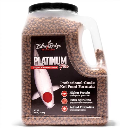 Blue Ridge Koi Platinum Pro 41% Protein Fish Food, 3/16" Pellets, 4.5 lb | Floats, softens fast; Spirulina & Canthaxanthin color support; probiotic-enriched; warm-season formula