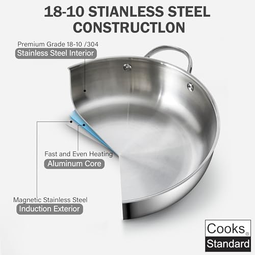 Cooks Standard Classic 12-Inch Stainless Steel Wok Stir Fry Pan with Glass Lid, 30cm Everyday Chef's Pan with Two Side Handles, Induction Compatible Cookware, Dishwasher & Oven Safe