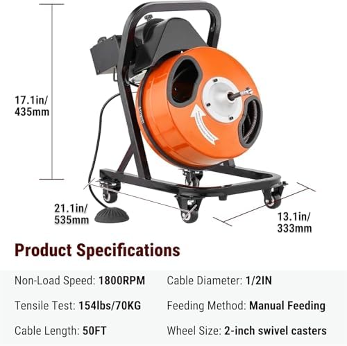 HoldwellS 50FT x 5/16 Inch Drain Cleaner Machine, Electric Drain Auger for 3/4"-3" Pipes, Sewer Snake Auger with 4 Cutters & Pneumatic Foot Switch