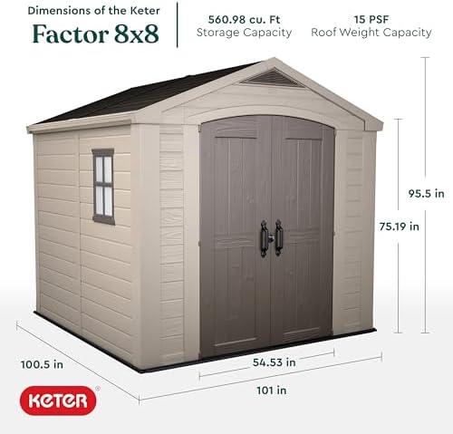 Keter Factor (8x6 ft) Large Resin Outdoor Storage Shed for Patio Furniture, Lawn Mower, Garden Accessories Yard Tools, and Pool Toys, Taupe