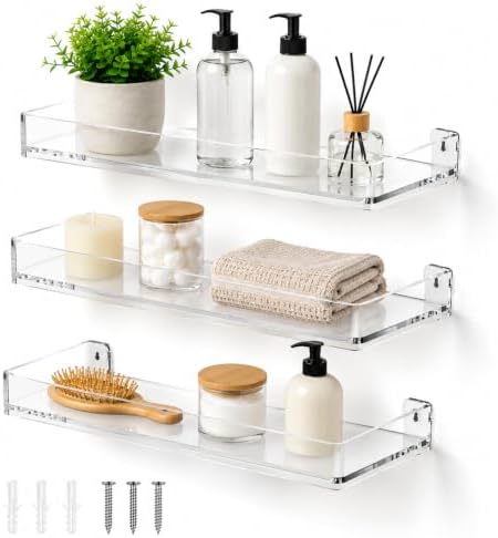 MaxGear Acrylic Floating Shelves, Clear Perfume Shelf for Wall, Set of 3