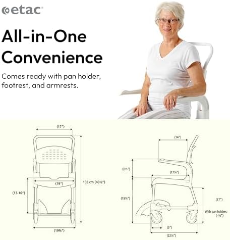 Etac Clean 24" Self-Propelled Shower Chair with Wheels - 21 3/4 Inch Fixed Height with 24 Inch Rear Wheels - Shower Wheelchair for Elderly and Disabled - Movable Armrest & Ergonomic Footrest