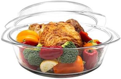 Simax Round Glass Casserole Dish, Clear Glass Round Casserole Dish with Lid and Handles, Covered Bowl for Cooking, Baking, Serving, Microwave