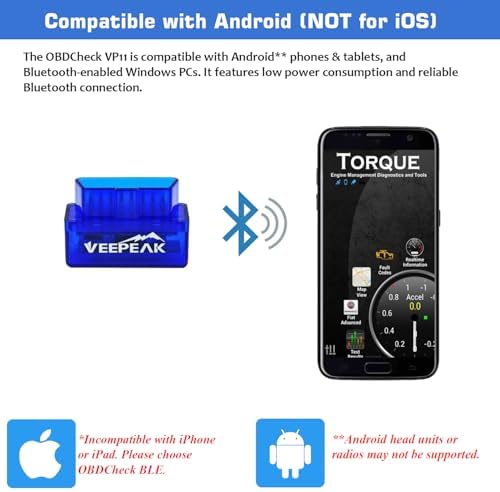 Veepeak Mini Bluetooth OBD2 Scanner Code Reader for Android (NOT for iOS) | Incompatible with iPhone or iPad. Check engine light diagnostics & live