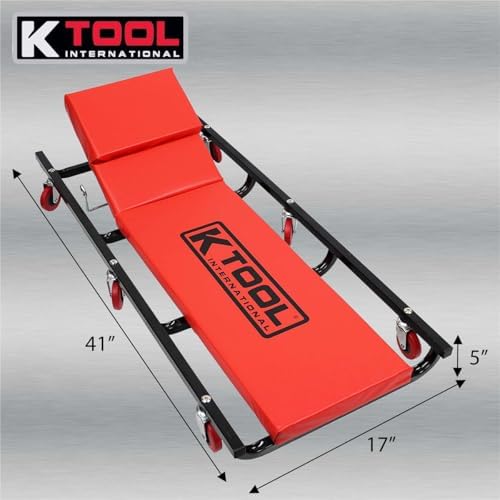 K Tool International 74961 Creeper Seat, Adjustable Headrest with Fully Padded Support, Oil Resistant Rubber Casters