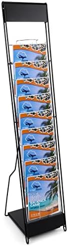 Displays2go Portable Magazine Rack, Black, 54" h Floor-standing | 10 Pockets for 8.5x11 Catalogs, Carry Bag Included, Tiered Design, Steel, NCYBRCHBLK