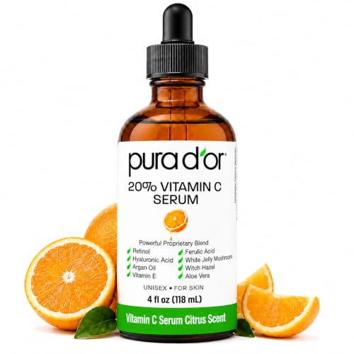 PURA D'OR 20% Vitamin C Anti-Aging Facial Serum, 4 fl oz | Smoother-Looking Texture, pH Balanced, Ferulic Booster, Antioxidant Support, Uneven Tone