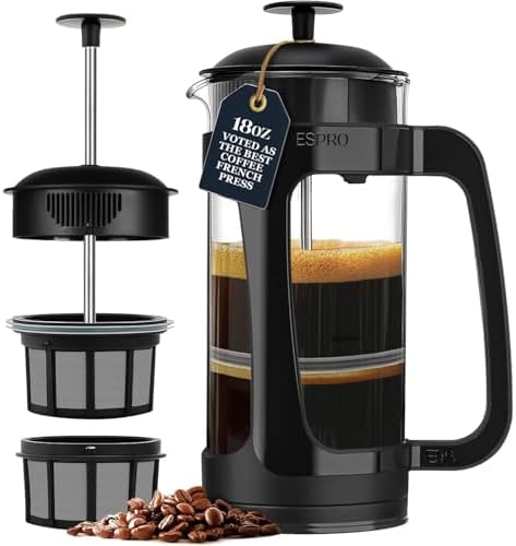 ESPRO P3 French Press Coffee Maker, 32oz, Black, Double Micro Filter Press | Grit-Free Coffee Press, Thicker Borosilicate Heat Resistant Glass french press, Tea Press, Easy Coffee Brewer, Tea Brewer