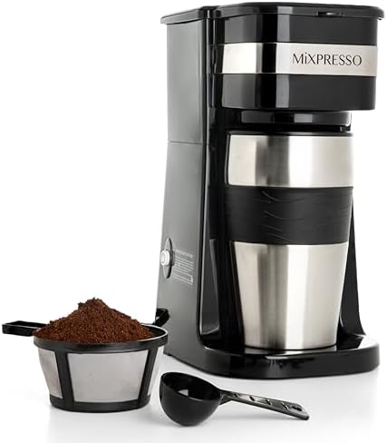 Mixpresso Single Serve & Single Cup Coffee Maker with 14oz Travel Mug Black | For ground coffee only, reusable filter, auto shut off. Compact personal drip coffee maker, not compatible with K-Cup pods.
