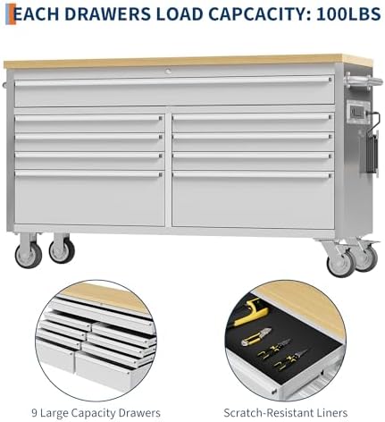 61 Inch Rolling Tool Chest, Garage Workbench with 9 Drawers, Solid Rubber Wood Top, Wheels Lock Key Locking System, Mobile Tool Cabinet Garage