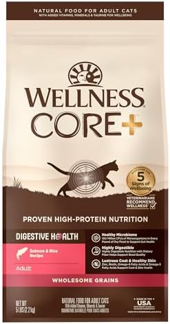 Wellness CORE+ Adult Dry Cat Food, Natural, Wholesome Grains Kibble, Digestive Health Chicken and Rice Recipe, 5 lb Bag