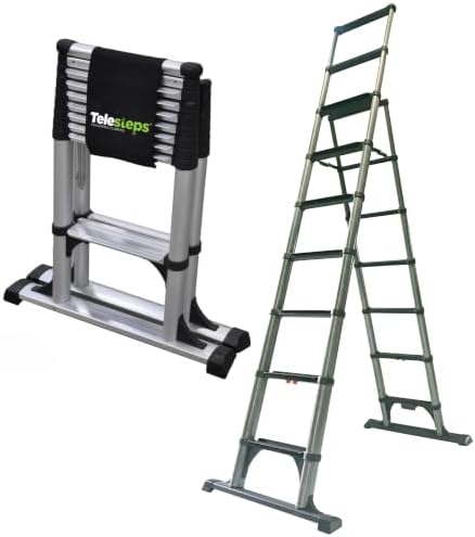 Telesteps 14ES Telescoping A-Frame Ladder – 10 ft Height, 14 ft Reach | Type 1AA 375 lb Rated | One-Touch Folding Aluminum Ladder with Stair Offset
