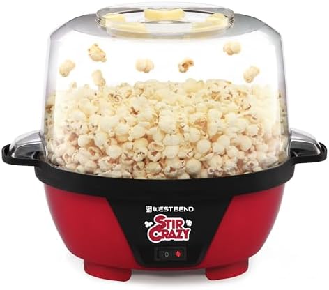 West Bend Stir Crazy Hot Oil Popcorn Popper, Popcorn Maker Machine with Large Serving Bowl Lid and Stirring Rod Perfect for Movie Night Snack Time or Parties, 6-Quart, Red