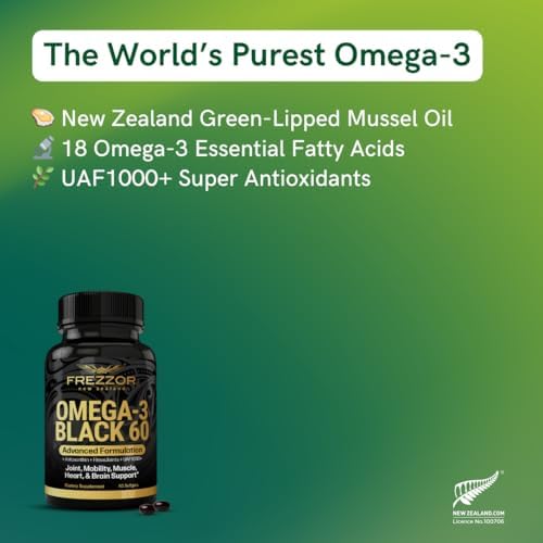 FREZZOR Omega 3 Black for Joint Care & Comfort - New Zealand Green Lipped Mussel Oil Capsules; 53x Higher Potency with UAF1000+ Super Antioxidant, No Fishy Aftertaste, 1-Pack, 60 Softgels