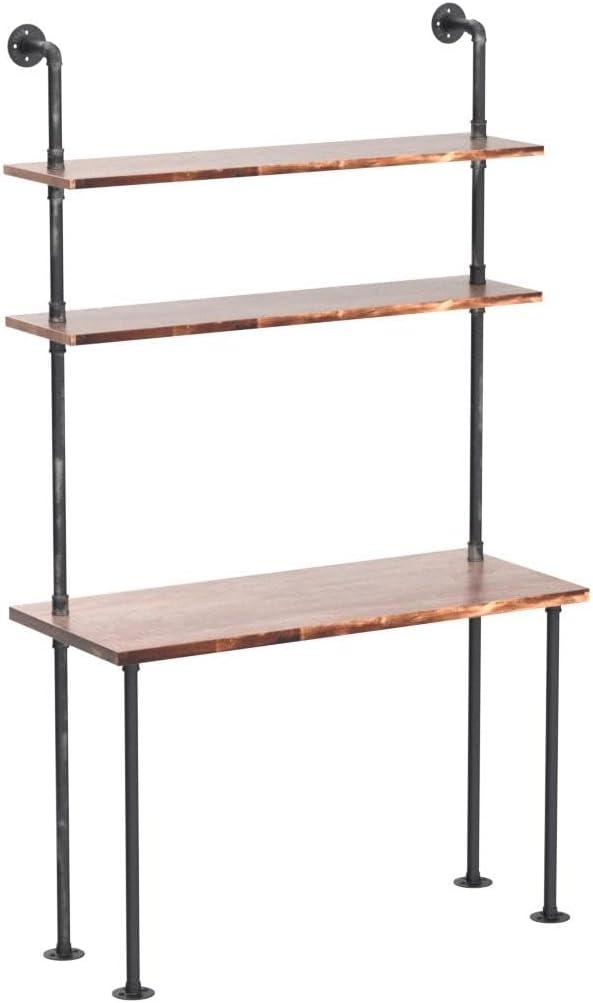 Industrial Pipe Desk with 3 Tier Shelves, Rustic Solid Wood Writing Workstation, Sturdy Metal Frame for Home Office Study Living Room Decor(40" L)