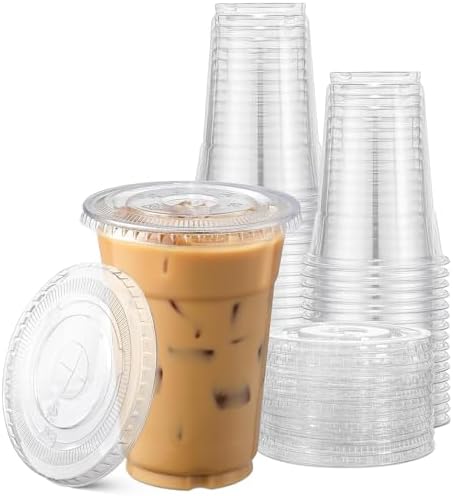 TashiBox Plastic Cups with Flat Lids 100 Sets 16 oz, Clear Crystal drink cups with lids