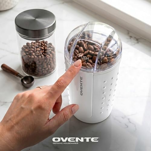 OVENTE Electric Coffee Grinder with One Touch Push-Button, White CG225W | 2.5oz Capacity, 150W Motor, Stainless Steel Blades for Uniform Grinding of Beans, Spices, Herb, Nuts & More, Safety Lock Lid