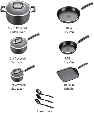 T-Fal Signature Nonstick Pots and Pans Set 12 Piece, Oven Broiler Safe 350F, Kitchen Cookware Set w/Fry Pans, Saucepans, Saute Pan, Dutch Oven