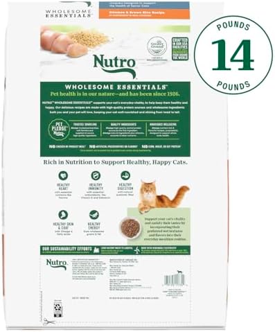 Nutro Wholesome Essentials Senior Dry Cat Food, Chicken & Rice, 14 lb | Real chicken #1 ingredient, essential antioxidants (Vitamin E & Selenium), Omega-6 for skin & coat, hairball control