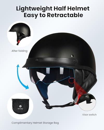 ILM Half Helmet Motorcycle Open Face Sun Visor Quick Release Buckle DOT Approved Cycling Motocross Suits Men Women 205V (M, Matt Black)