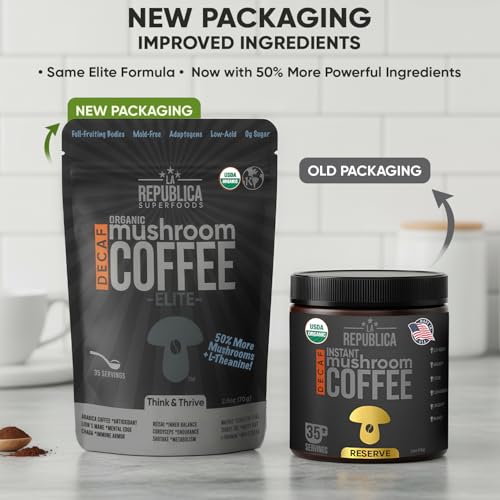 La Republica DECAF Organic Mushroom Coffee (35 Servings) with 7 Superfood Shrooms, Great Tasting Instant Mix Includes Lion's Mane, Reishi, Chaga, Cordyceps, Shiitake, Maitake, and Turkey Tail (Decaffeinated)