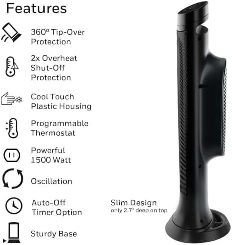 Honeywell Slim Ceramic Tower Heater, Small Room, Black – Easy to Use – Slim Space Heater with Two Heat Settings | Easy to Use – Slim Space Heater with Two Heat Settings
