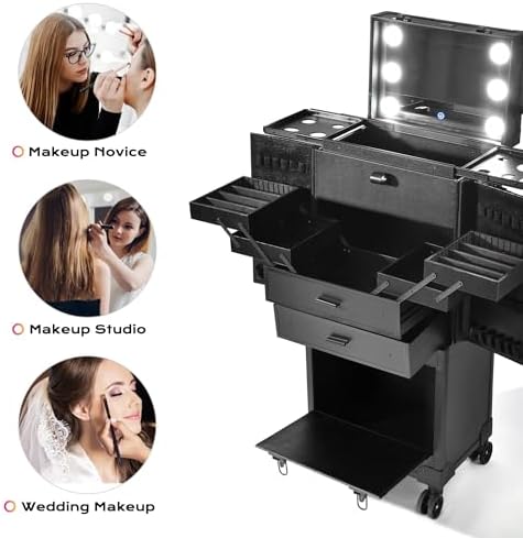 BYOOTIQUE Rolling Makeup Case with Lighted Mirror Hairstylist Station | Salonwith 2 Drawer,4 Trays,Hair Dry Holder,Professional Hairdressing Case,Beauty Salon Cart,Portable Vanity,Mobile