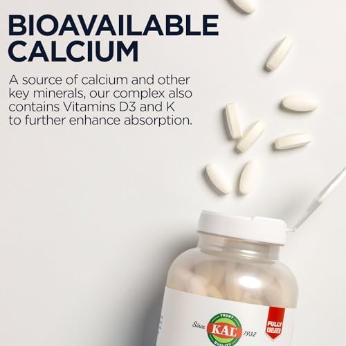 KAL Bone Meal Tablets, Calcium Supplement w/Magnesium, Vitamin D3 and K, Bone Health, Muscle and Nerve Function Support, Rapid Disintegration