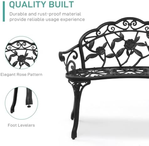 VINGLI 38.5" Patio Park Garden Outdoor Metal Rose Bench, 2-Person Cast Iron Cast Aluminium Frame Antique Finish Chair,Accented Lawn Front Porch Path Yard Decor Deck Furniture (Bronze, Rose)