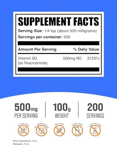 BulkSupplements.com Niacinamide Powder - Vitamin B3 Powder, Niacinamide Supplement, Niacinamide 500mg - B3 Vitamins for Skin, Gluten Free, 500mg per Serving, 1kg (2.2 lbs) (Pack of 1)