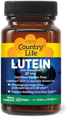 Country Life Lutein 20 mg Supplement - Certified Gluten-Free - Eye Health Support with Lutein and Zeaxanthin - Reduces Eye Strain from Screens - No