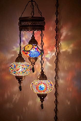 DEMMEX 3-Large 7'' Globes Turkish Moroccan Mosaic Plug-in Chandelier - Handmade Pendant Light Fixture with 15-ft Cord & Chain