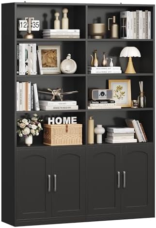 Bookshelf and Bookcase with Doors, Double Wide Large Bookshelves | Industrial Open Display Shelves 6 Tier, 73'' Tall Bookshelf with Storage Cabinets for Office,Home, Living Room, Library,White