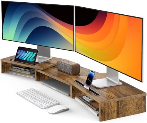 AMERIERGO Dual Monitor Stand Riser- 3 Shelf Screen Stand with Adjustable Length and Angle, 2 Extra Functional Slot Desktop Organizer Stand for PC