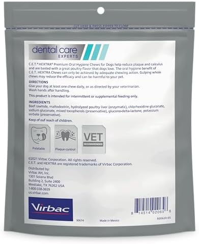 Virbac C.E.T. Hextra Premium Oral Hygiene Chews for Dogs, Large | Rawhide dog dental chews, long lasting dog chews, beefhide rawhide chews reduces plaque and tartar
