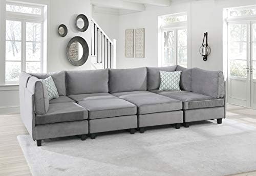 Lilola Home Simona 120-inch Modular Sectional Sofa, Gray Velvet 8-Piece U-Shaped Couch with 2 Ottomans & Accent Pillows