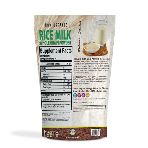Raw Organic Rice Milk Powder from Essona Organics. Convenient re-sealable pouch. Now Larger Size 240 grams. New Package.