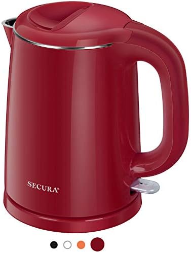 Secura Stainless Steel Double Wall Electric Kettle Water Heater for Tea Coffee w/Auto Shut-Off and Boil-Dry Protection, 1.0L (Orange) SWK-1001DO/HB-K012