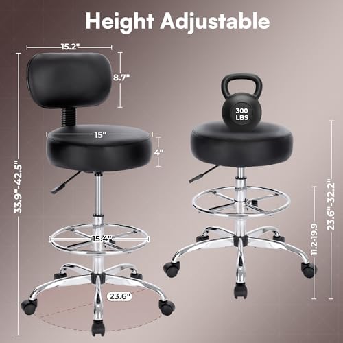 SUPERJARE Drafting Chair with Back, Adjustable Foot Rest Rolling Stool, Multi-Purpose Office Desk Chair