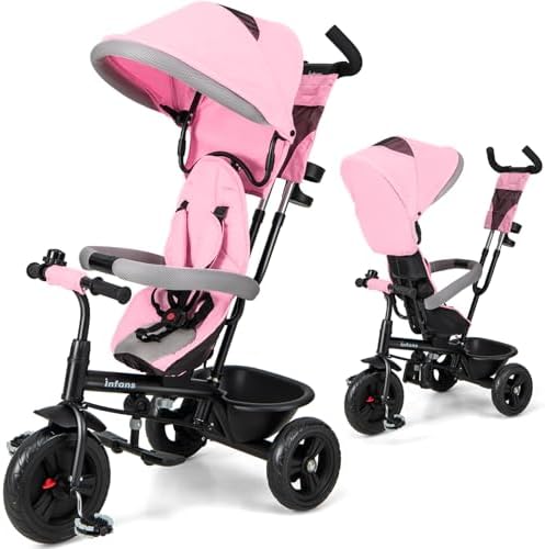 INFANS Kids Tricycle, 6 in 1 Stroll Trike with Adjustable Push Handle, Removable Canopy, Retractable Foot Plate, Lockable Pedal, Detachable Guardrail, Suitable for 10 Months to 5 Years (Blue)