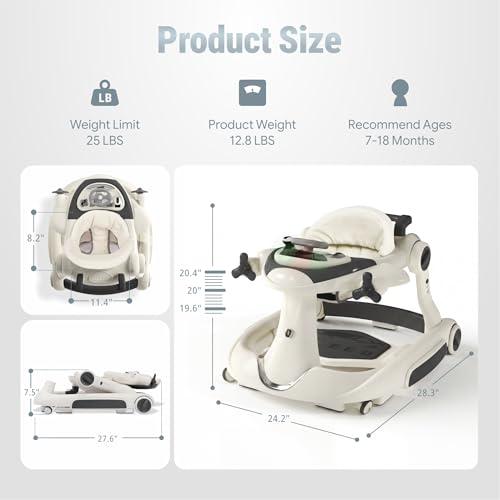7 in 1 Foldable Baby Walker, Rock/Push Mode/Activity Center, Green | Adjustable Height & Speed, Music, Lights, Footrest, Detachable Play Toy Panel, Walker with Wheels for Infants 7-18 Months