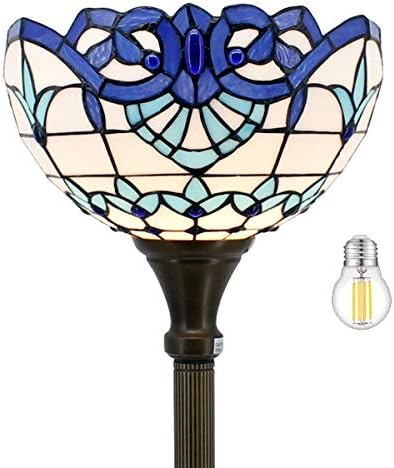 WERFACTORY Tiffany Floor Lamp Navy Baroque Stained Glass Torchiere Light | 12X12X71 Inches Pole Blue Standing Corner Torch Uplight Decor Bedroom