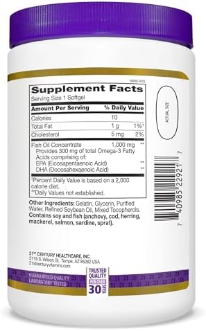 21st Century Fish Oil 1000mg Omega-3 Softgels, Value Size, 300 Count | Omega-3 Fish Oil with EPA & DHA, Heart & Cardiovascular Health Support