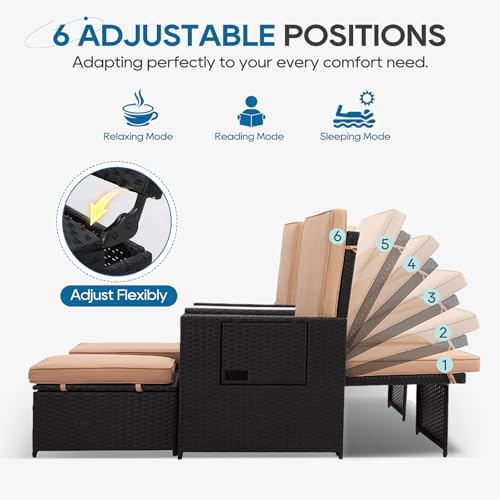 5PCS Outdoor Wicker Chaise Lounge Chair - Rattan Adjustable Reclining Patio Lounge Chair with Ottoman and Coffee Table