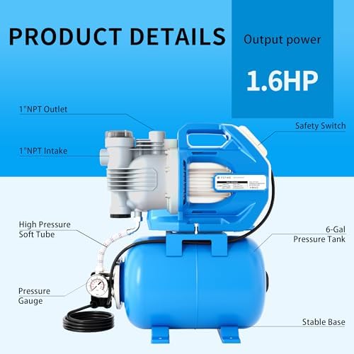 FOTING 1.6HP Shallow Well Pump with Pressure Tank, 1700GPH Automatic Irrigation Water Booster Jet Pump