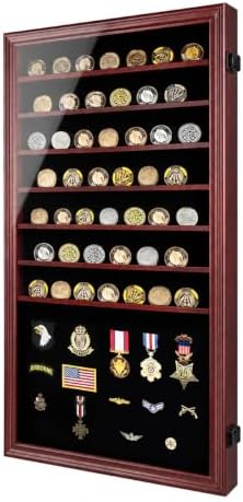 Jinchuan Military Challenge Coin Display Case Lockable Cabinet Rack Holder Shadow Box with Removable 2 Grooves Shelves and Anti Dust Door for Casino