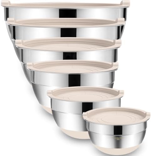 Umite Chef Mixing Bowls with Airtight Lids, 6 Piece Stainless Steel Metal Bowls, Measurement Marks & Colorful Non-Slip Bottoms Size 7, 3.5, 2.5, 2.0,1.5, 1QT, Great for Mixing & Serving